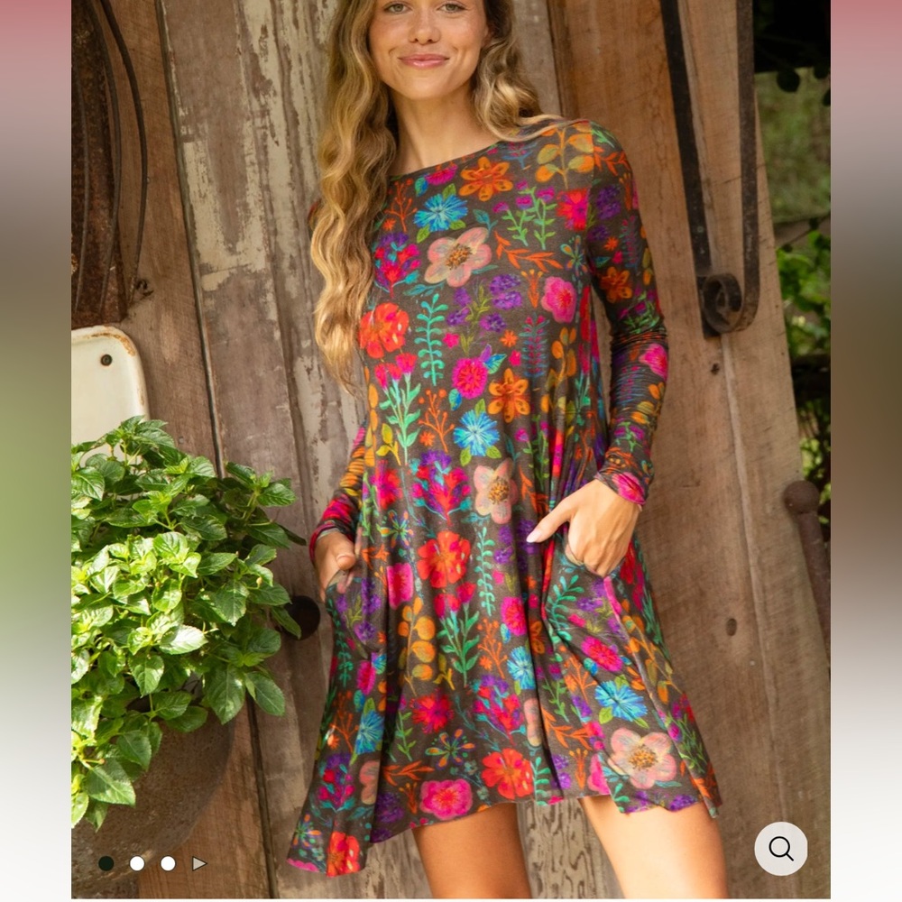 Natural Life Stevie "ButterSoft" Knit Mini Dress S rainbow garden long sleeve B